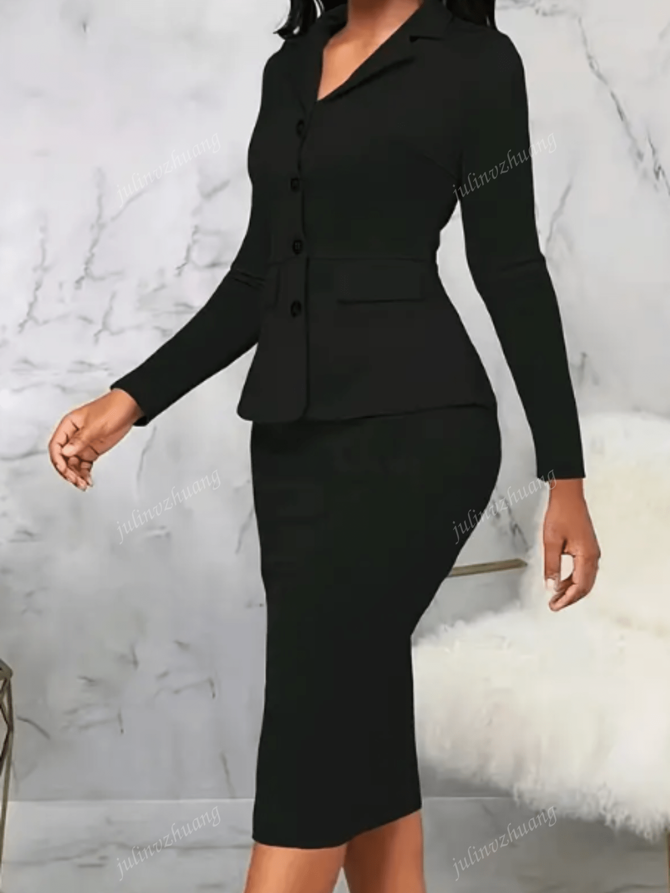 Women Solid Color Lapel Long Sleeve Fitted Blazer & High Waist Bodycon Pencil Skirt Elegant Work Suit Set