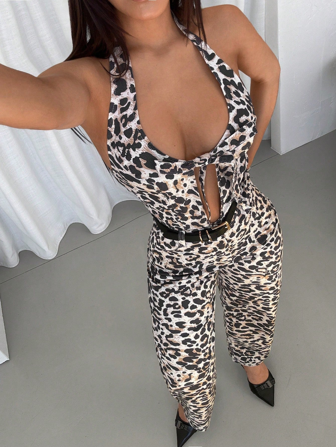 ICON Women Leopard Print Backless Crisscross Hollow Romper