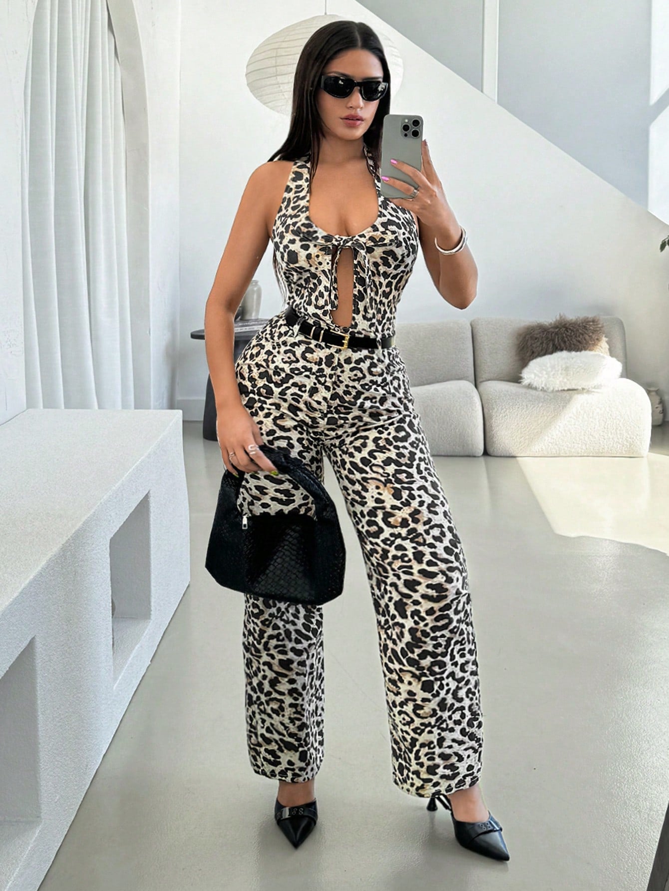 ICON Women Leopard Print Backless Crisscross Hollow Romper