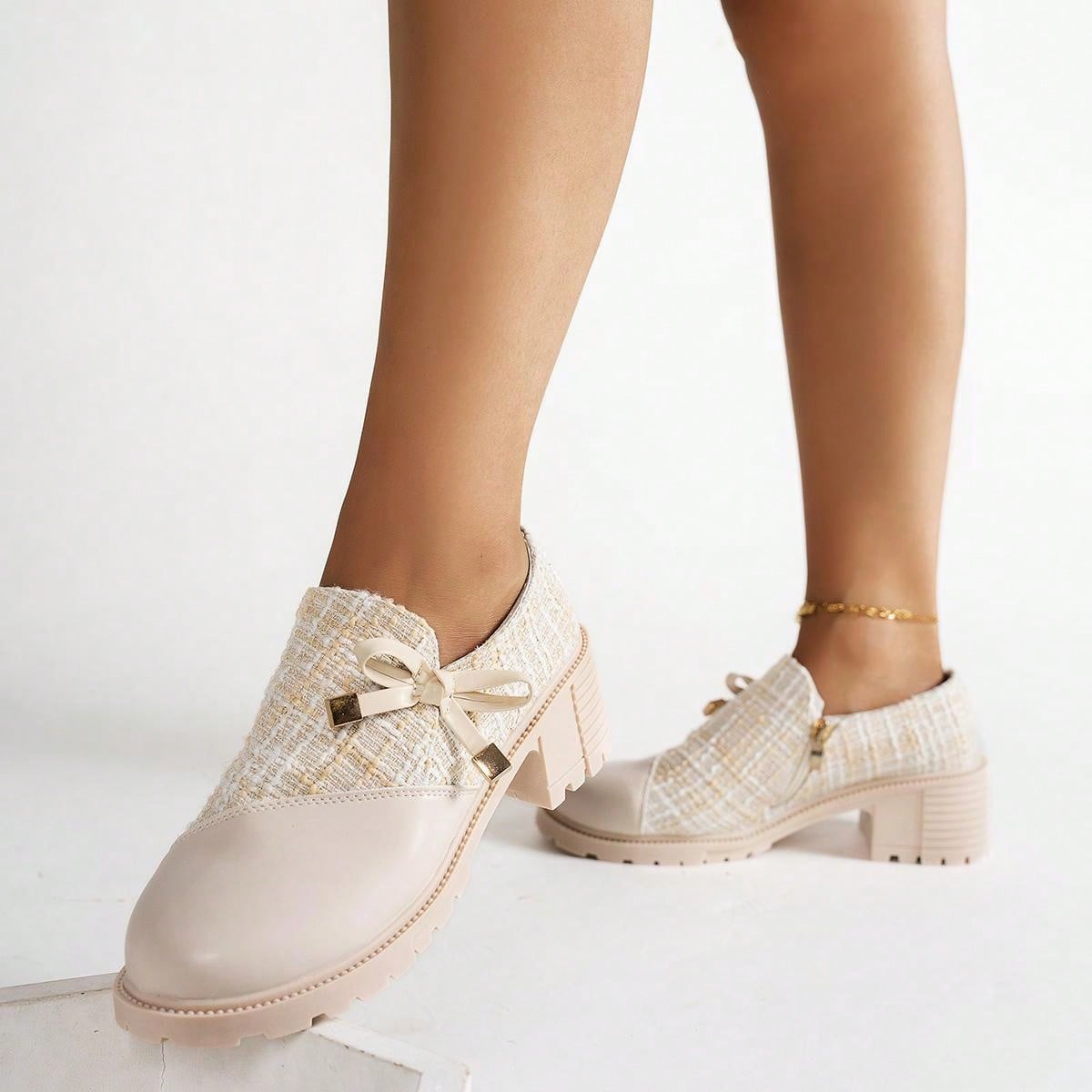 New Arrival Women's High Heel Formal Shoes, Thick Plaid And Patchwork Detailing, With Bowknot And Thick Sole For Retro Look