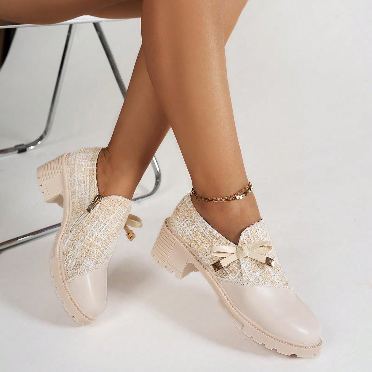 New Arrival Women's High Heel Formal Shoes, Thick Plaid And Patchwork Detailing, With Bowknot And Thick Sole For Retro Look