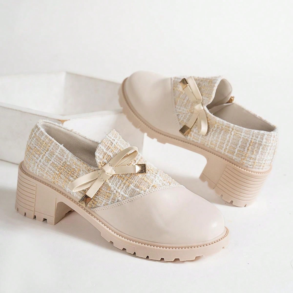 New Arrival Women's High Heel Formal Shoes, Thick Plaid And Patchwork Detailing, With Bowknot And Thick Sole For Retro Look