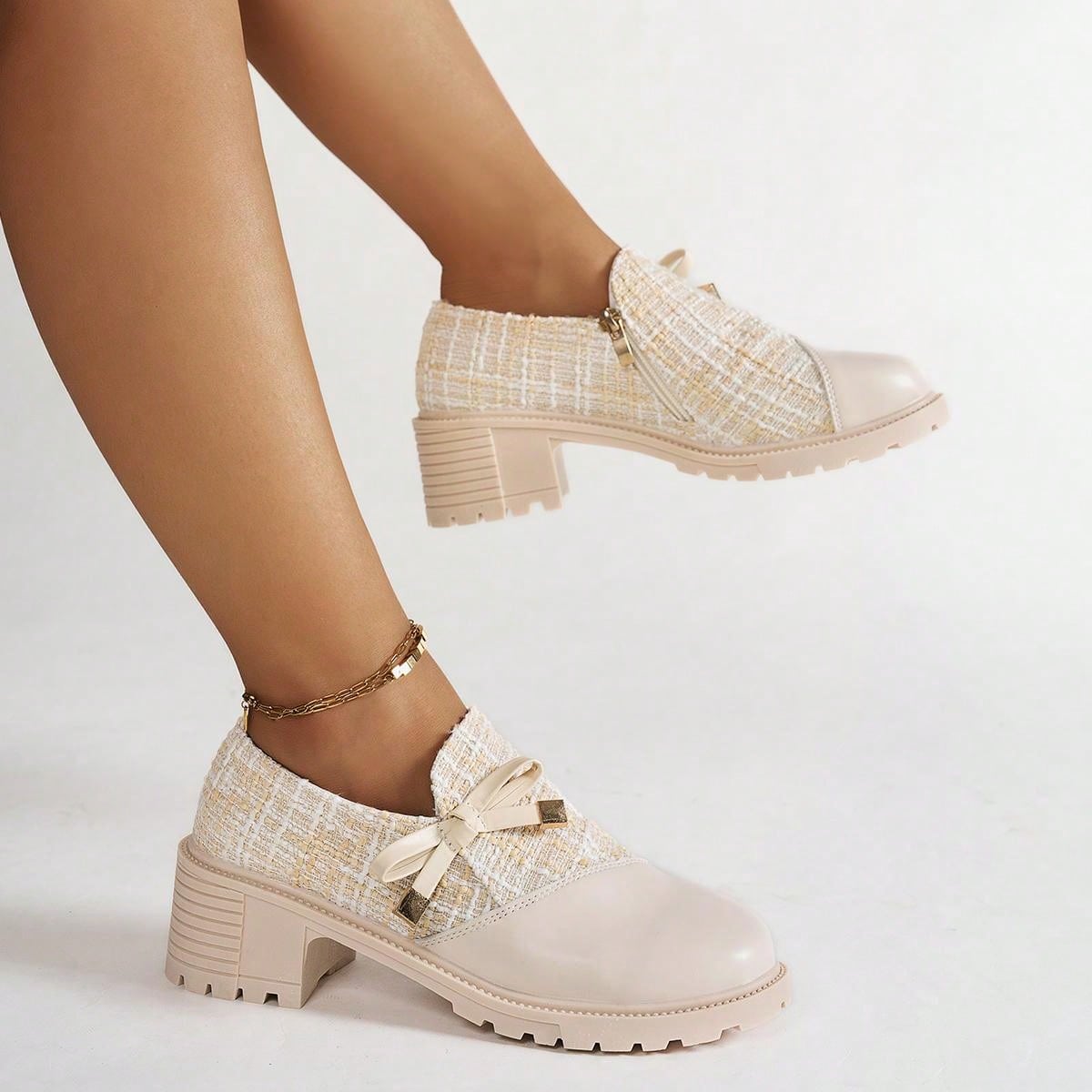 New Arrival Women's High Heel Formal Shoes, Thick Plaid And Patchwork Detailing, With Bowknot And Thick Sole For Retro Look