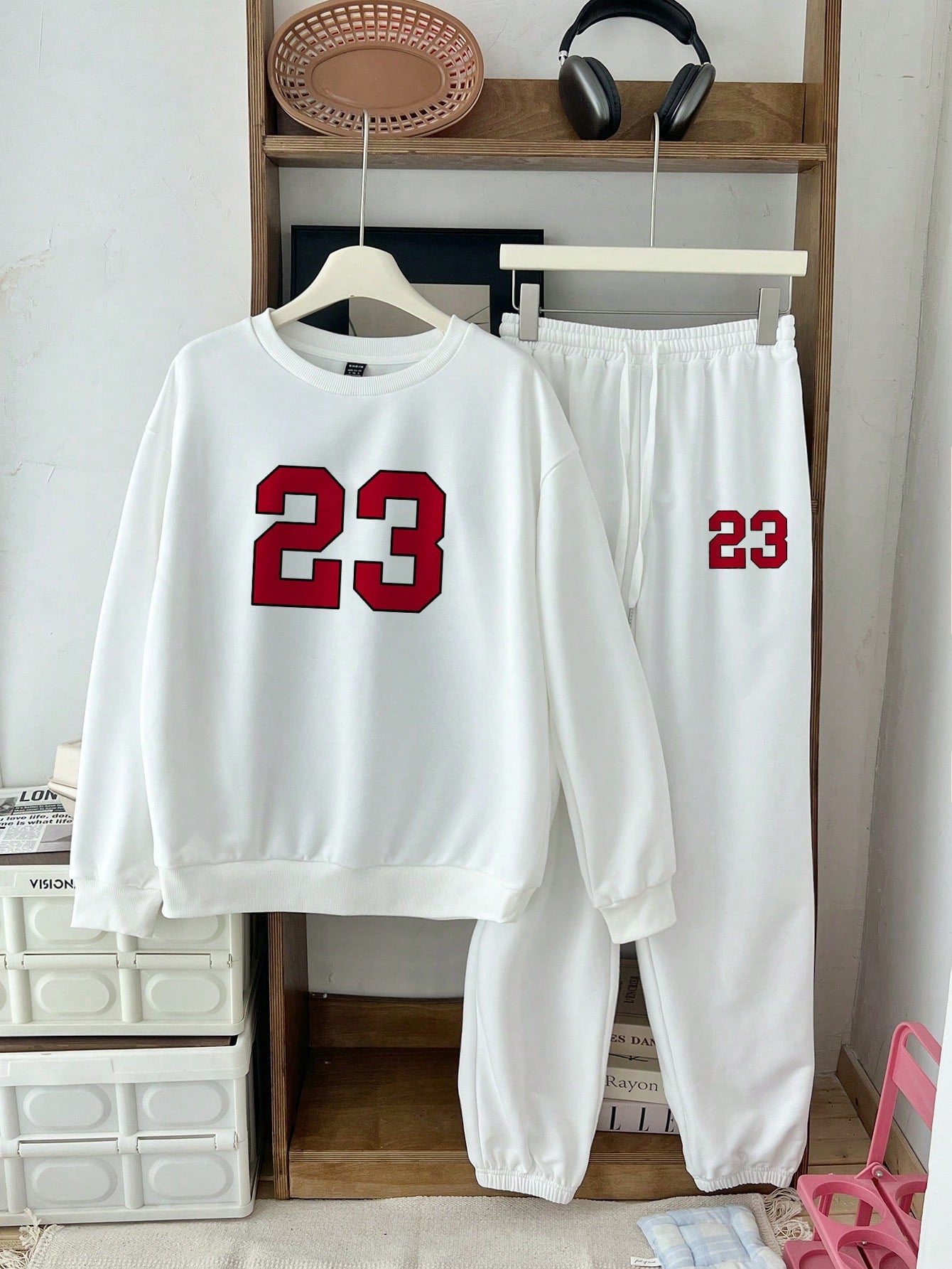 Slayr 2pcs/Set Women 23 Graphic Crew Neck Oversized Loose Fit Long Sleeve Sweatshirt And Long Drawstring Hem Casual Sweatpants, Autumn/Winter