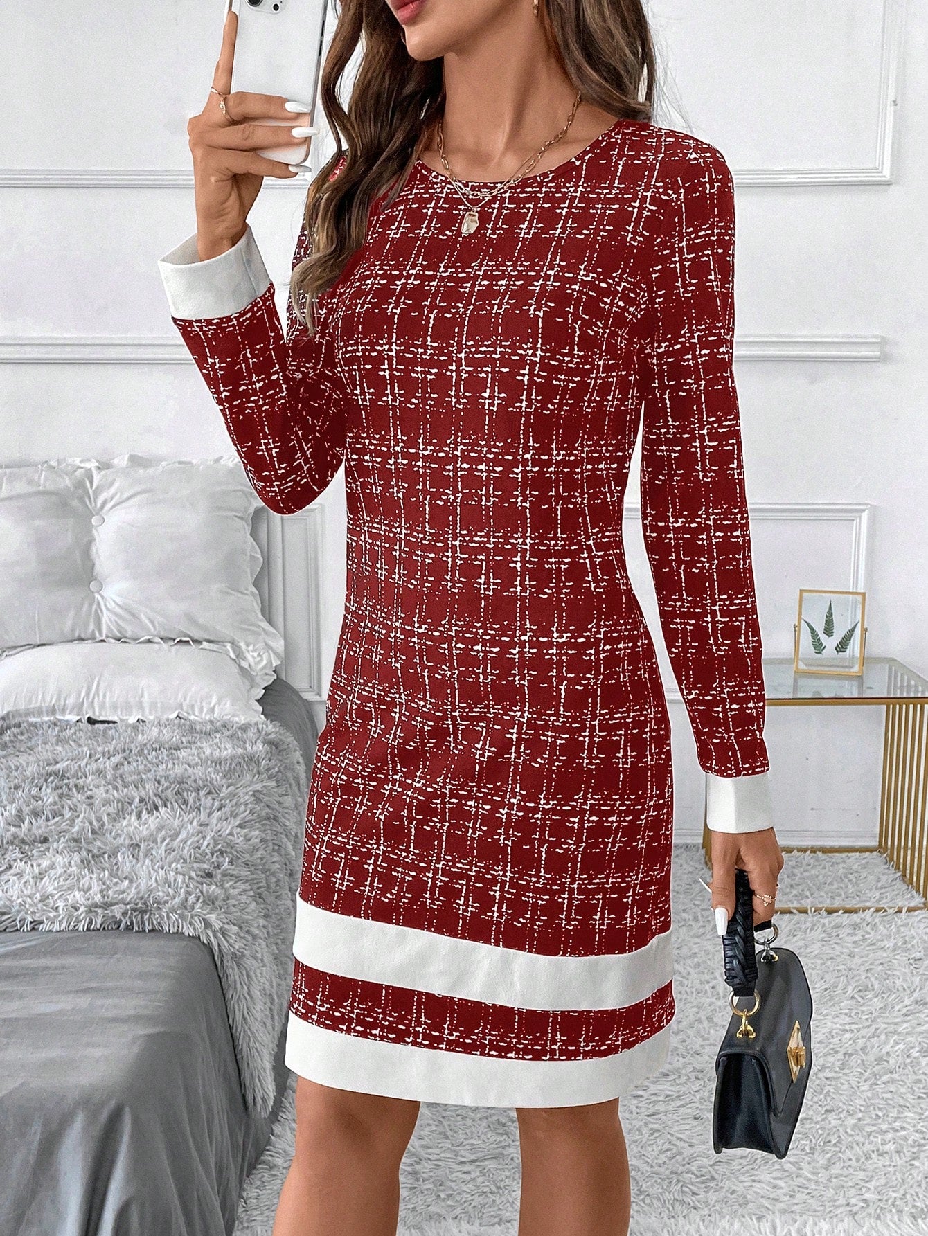 Clasi Women's Elegant Knitted Plaid Pattern Mini Dress, Fashion Versatile