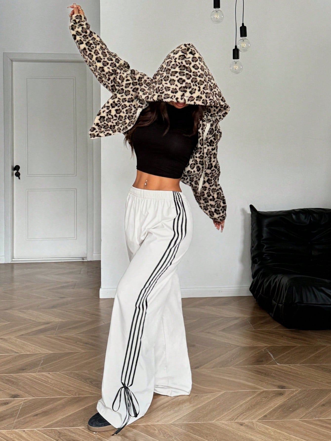 EZwear Women Casual Leopard Print Side Bow Tie Pants