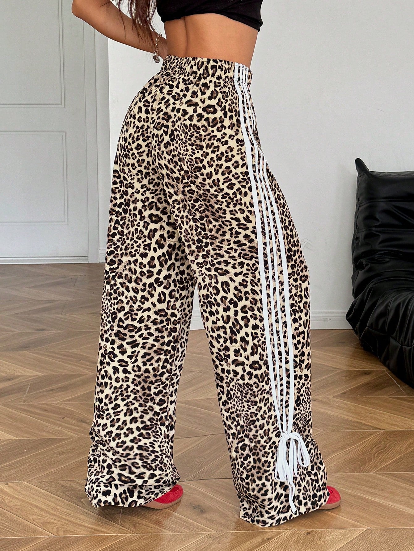 EZwear Women Casual Leopard Print Side Bow Tie Pants