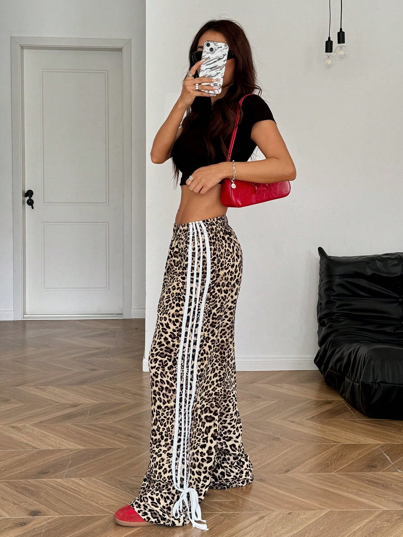 EZwear Women Casual Leopard Print Side Bow Tie Pants