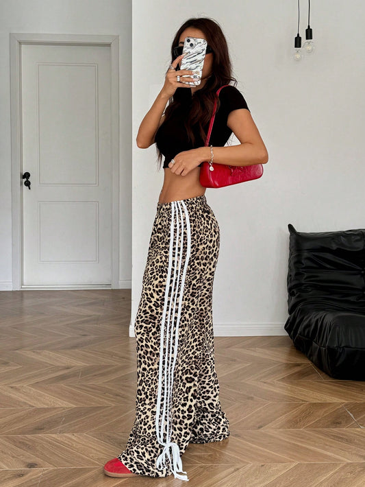 EZwear Women Casual Leopard Print Side Bow Tie Pants