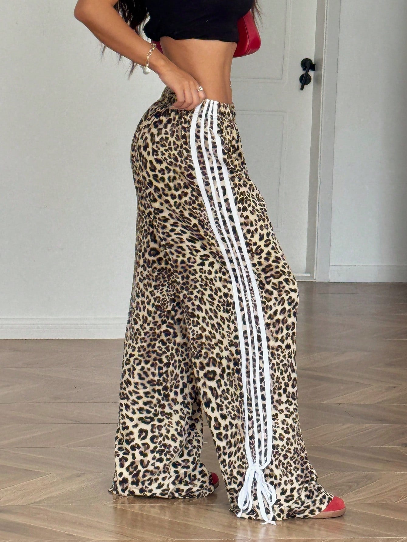 EZwear Women Casual Leopard Print Side Bow Tie Pants