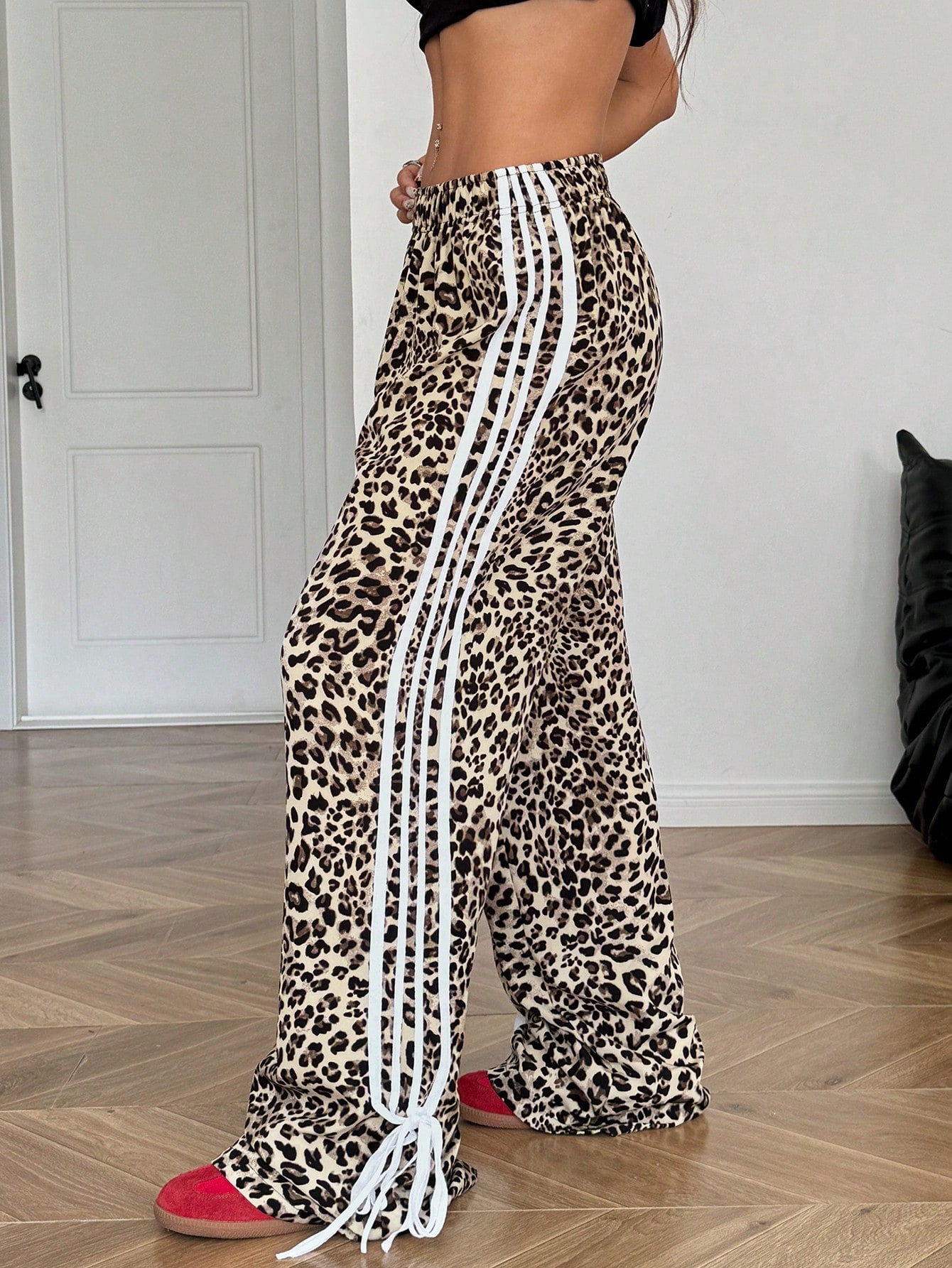 EZwear Women Casual Leopard Print Side Bow Tie Pants