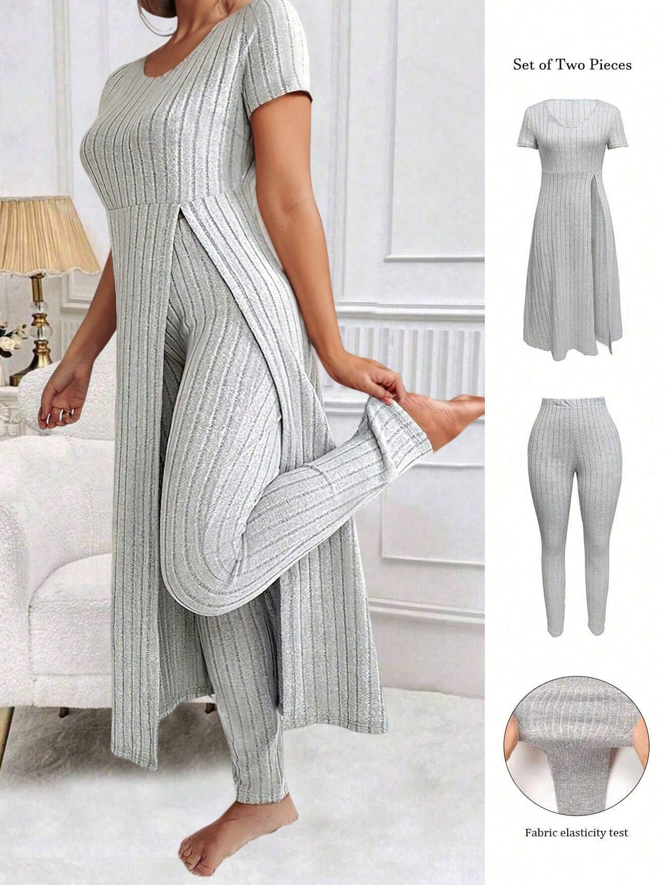 LUNE Plus Size Women Solid Color Simple Daily Short Sleeve Top & Long Pants Set