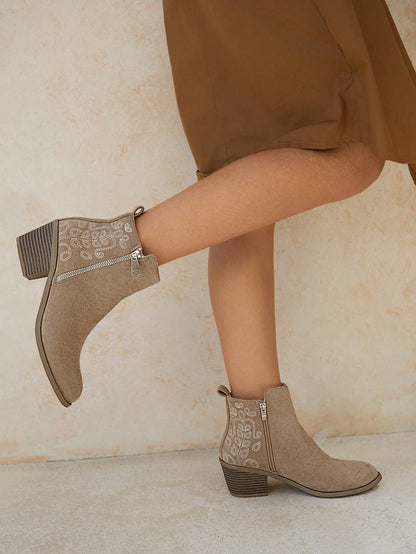 Styleloop Women's Fashionable Western Embroidered Chunky Heel Ankle Boots In Apricot, Fall Shoes For Christmas And New Year Holiday