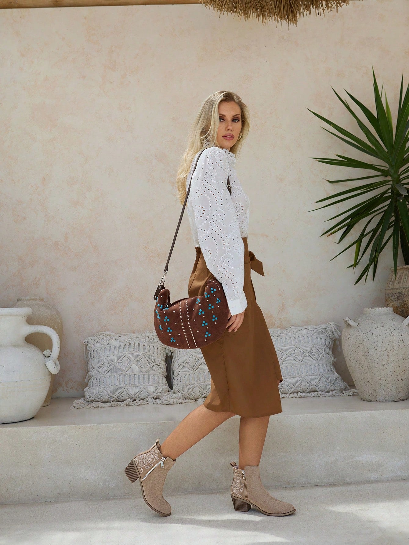 Styleloop Women's Fashionable Western Embroidered Chunky Heel Ankle Boots In Apricot, Fall Shoes For Christmas And New Year Holiday