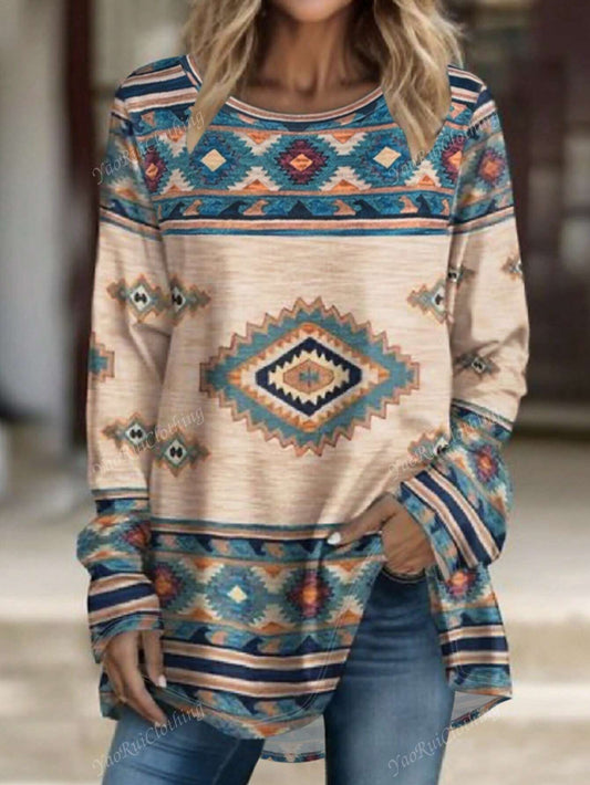 1pc Women's Retro Round Neck Fashionable Long T-Shirt Top