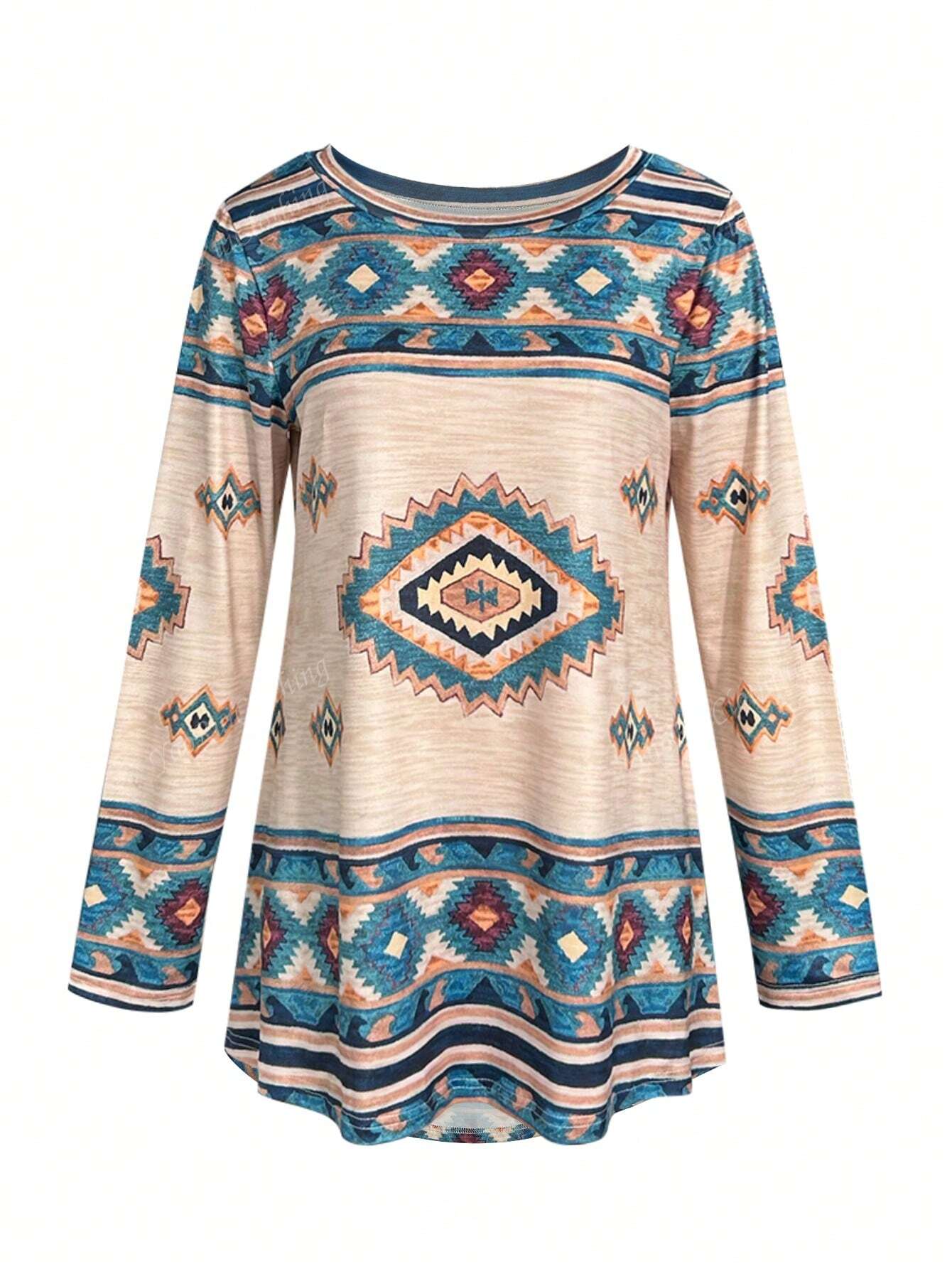 1pc Women's Retro Round Neck Fashionable Long T-Shirt Top