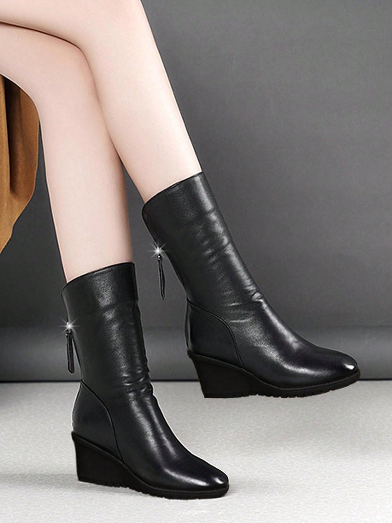 Women Mid-Calf Boots, Flat Heel, Fashion & Comfy Wedge Boots, Autumn/Winter,Fashion Match Red Dress