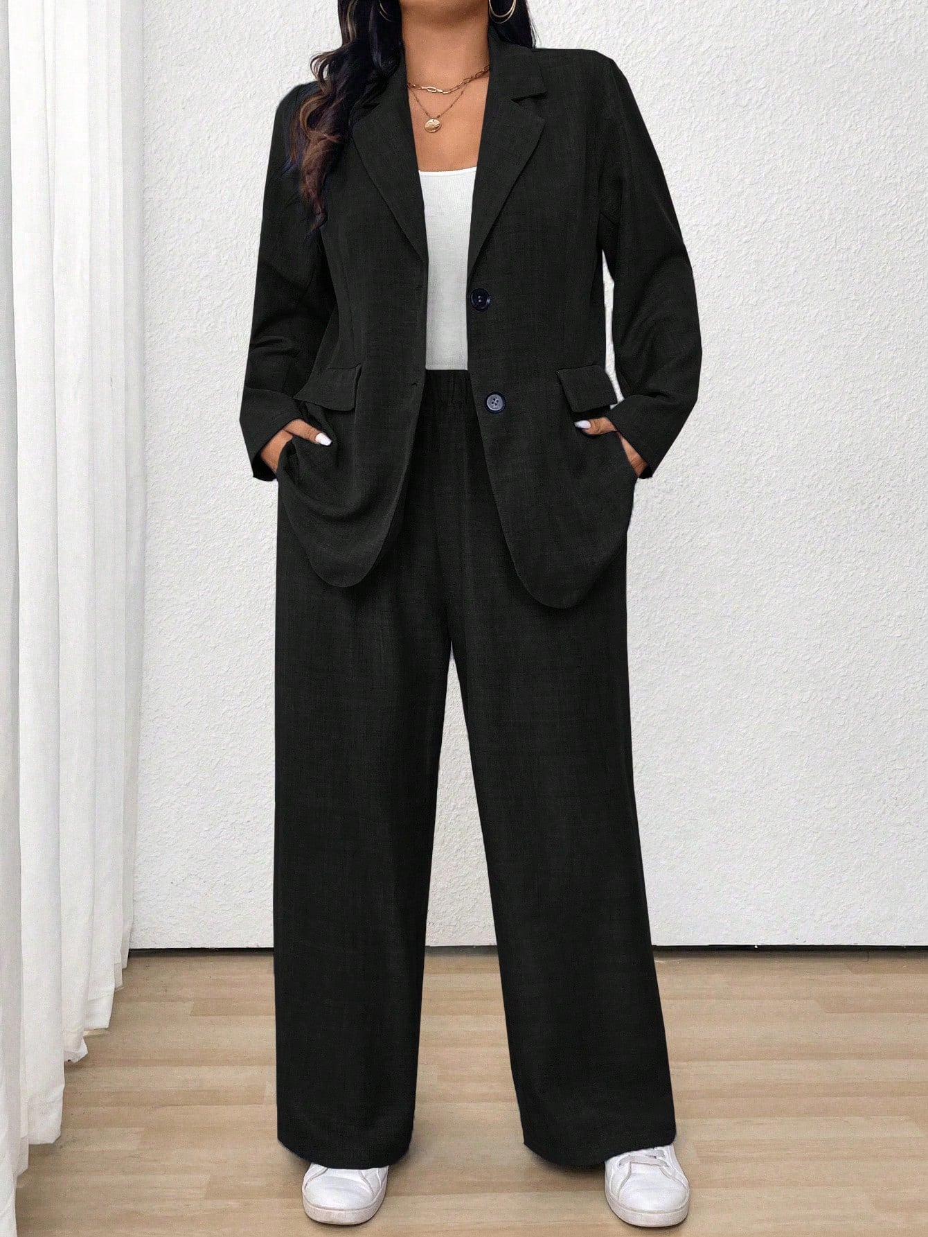 LUNE Plus Size Casual Business Solid Color Jacket And Pants Suit
