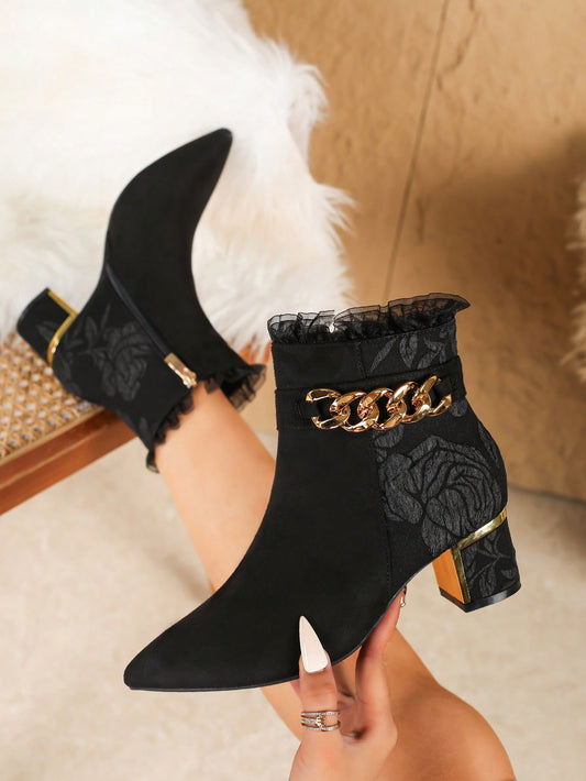 Fashionable Chunky Heel Boots, Lace Up Side Zipper Ankle Boots, Pointed Toe High Heel Booties