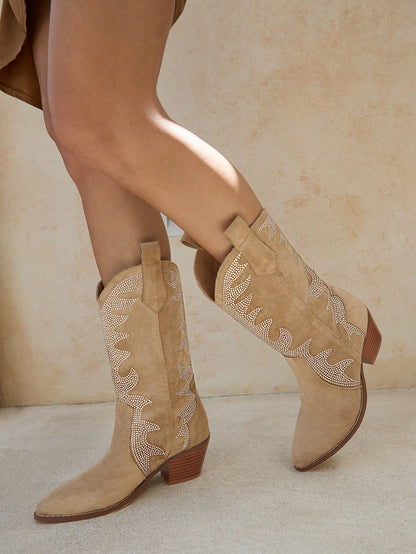 Styleloop Fashionable Women's Western Style Rhinestone Low-Heeled Mid-Calf Boots Fall