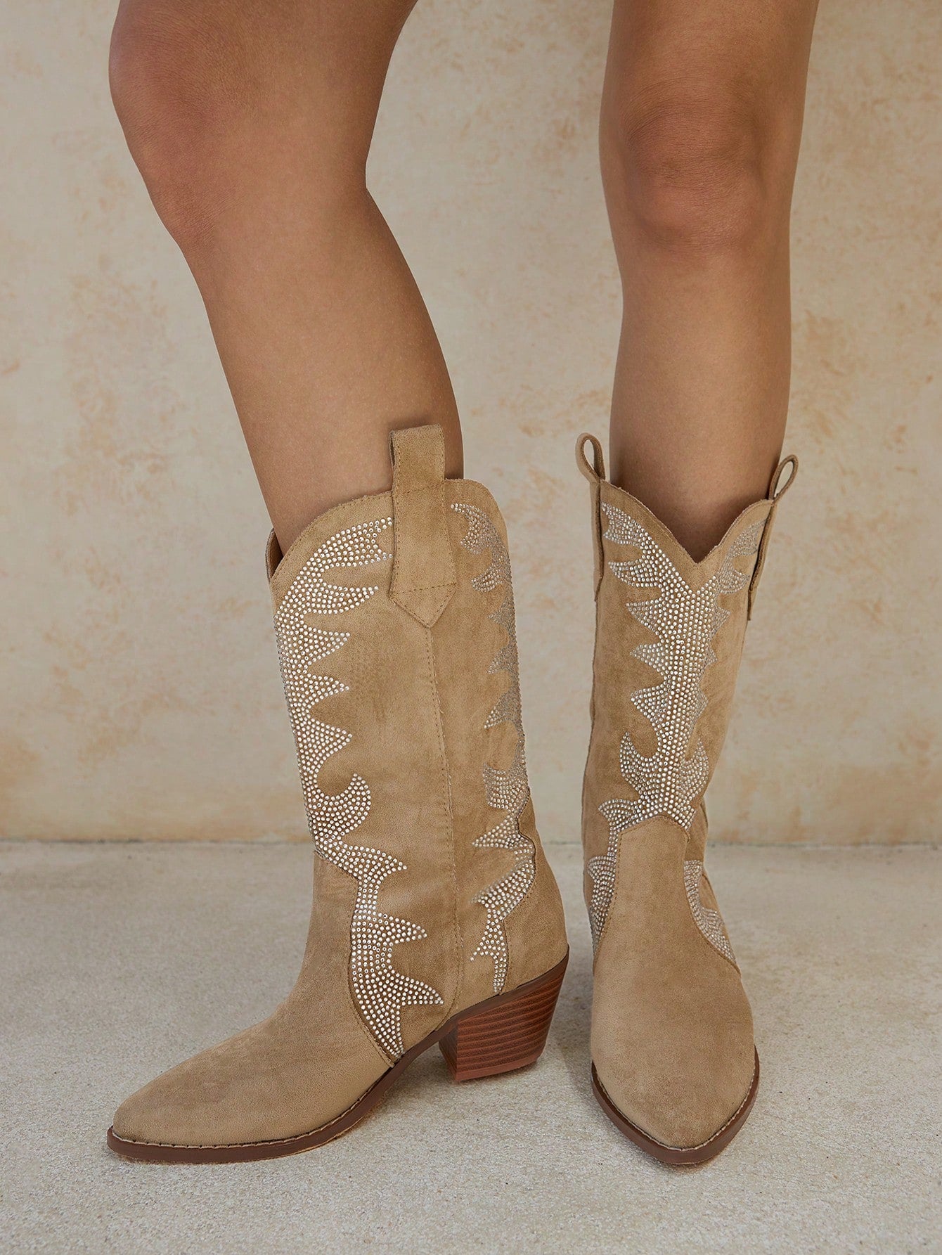 Styleloop Fashionable Women's Western Style Rhinestone Low-Heeled Mid-Calf Boots Fall