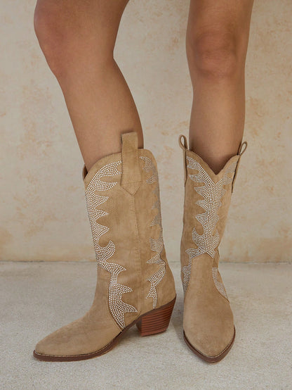 Styleloop Fashionable Women's Western Style Rhinestone Low-Heeled Mid-Calf Boots Fall