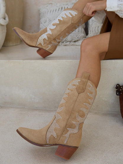 Styleloop Fashionable Women's Western Style Rhinestone Low-Heeled Mid-Calf Boots Fall