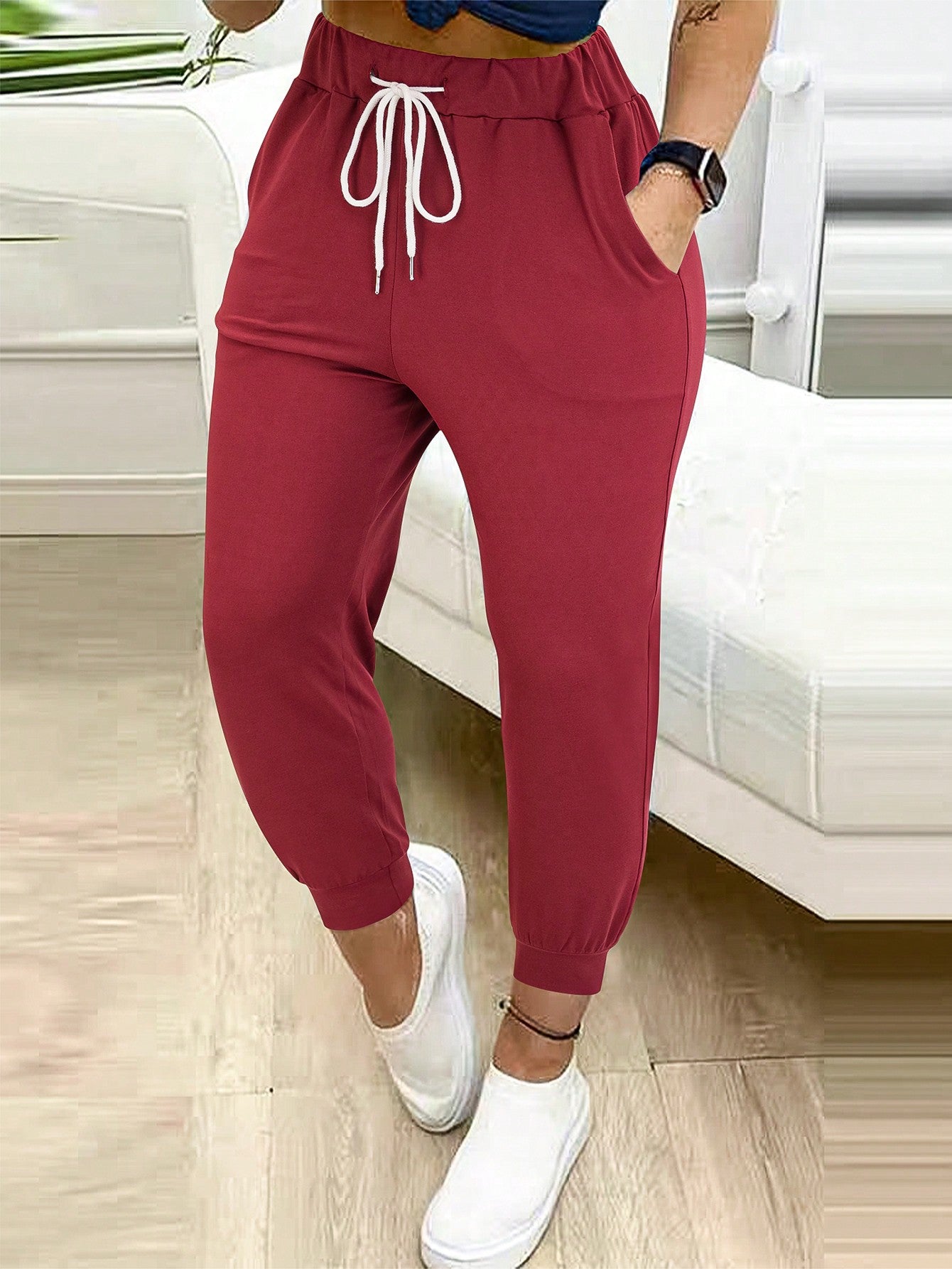 Women's Solid Color Casual Drawstring Jogger Pants