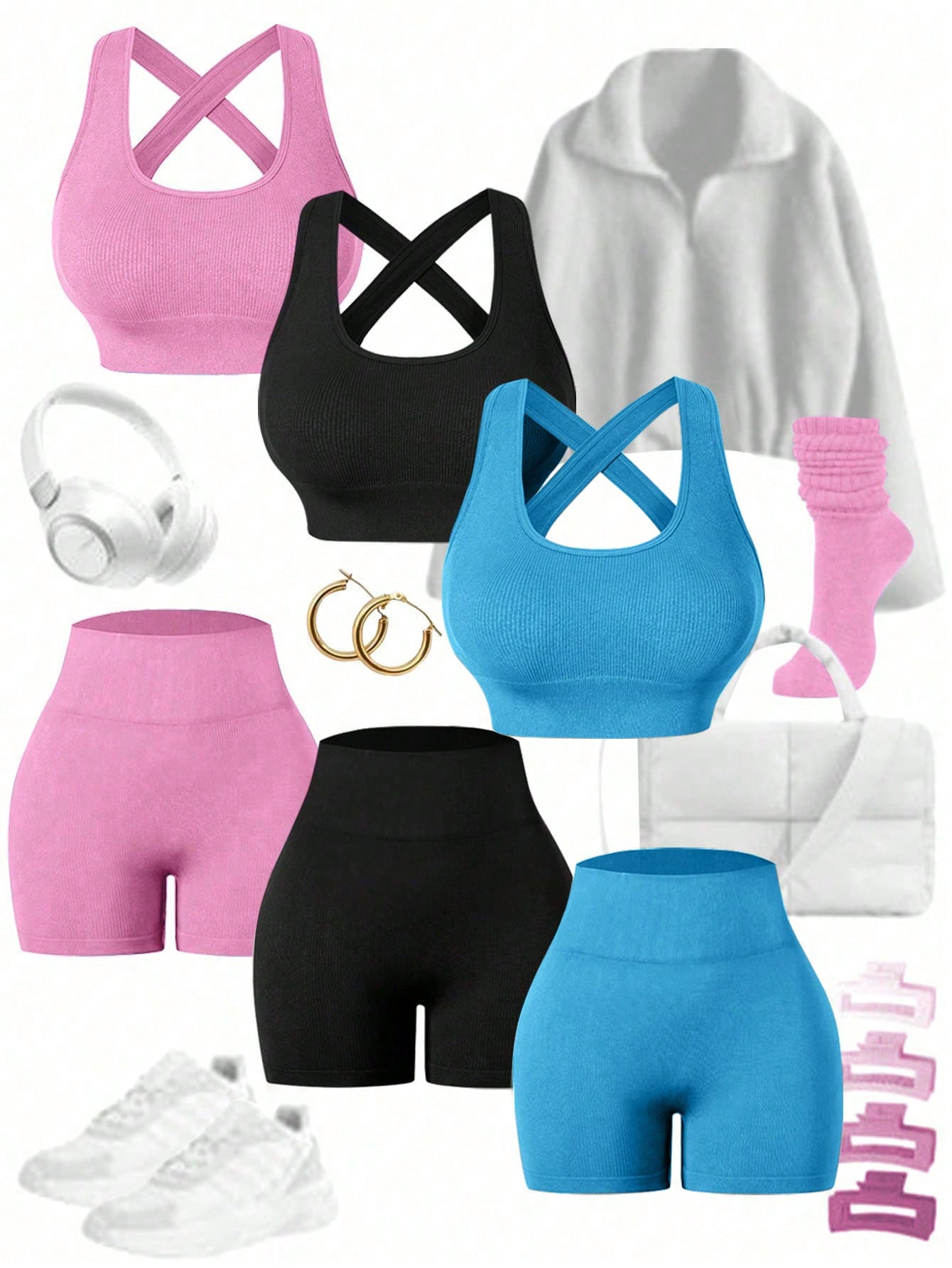 Sport Easify Women's Crew Neck Criss-Cross Back Top And Casual Seamless Shorts Yoga Texture Sports Set, Gym Clothes