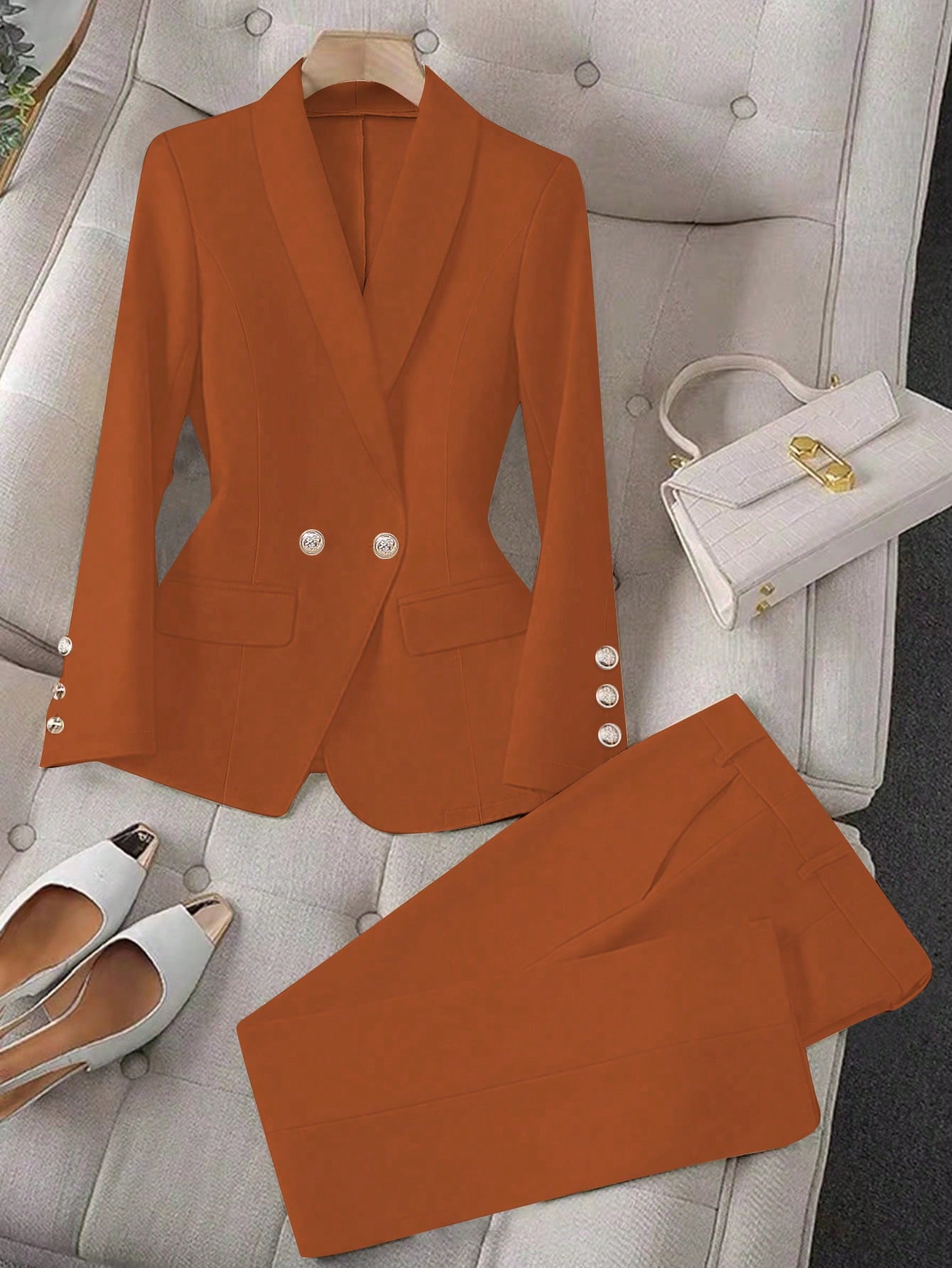 Raffinéa Apricot Color Long Sleeve Lapel Women's Suit Jacket And Pants Set
