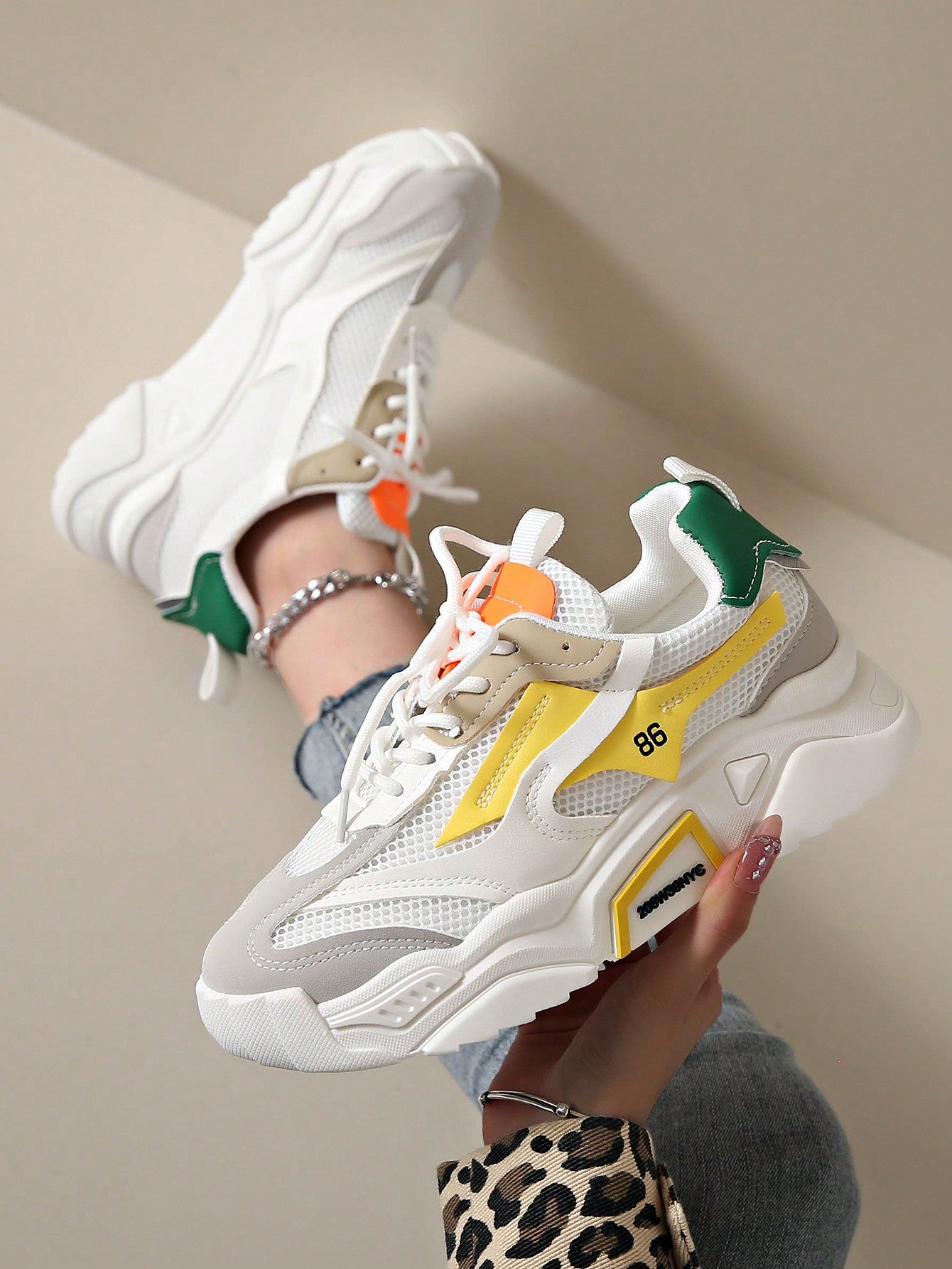 2024 New Women's Thick Sole Casual Shoes Mesh Khaki Color All-Season Sport Shoes Flat Splicing Breathable Outdoor Chunky Sneakers