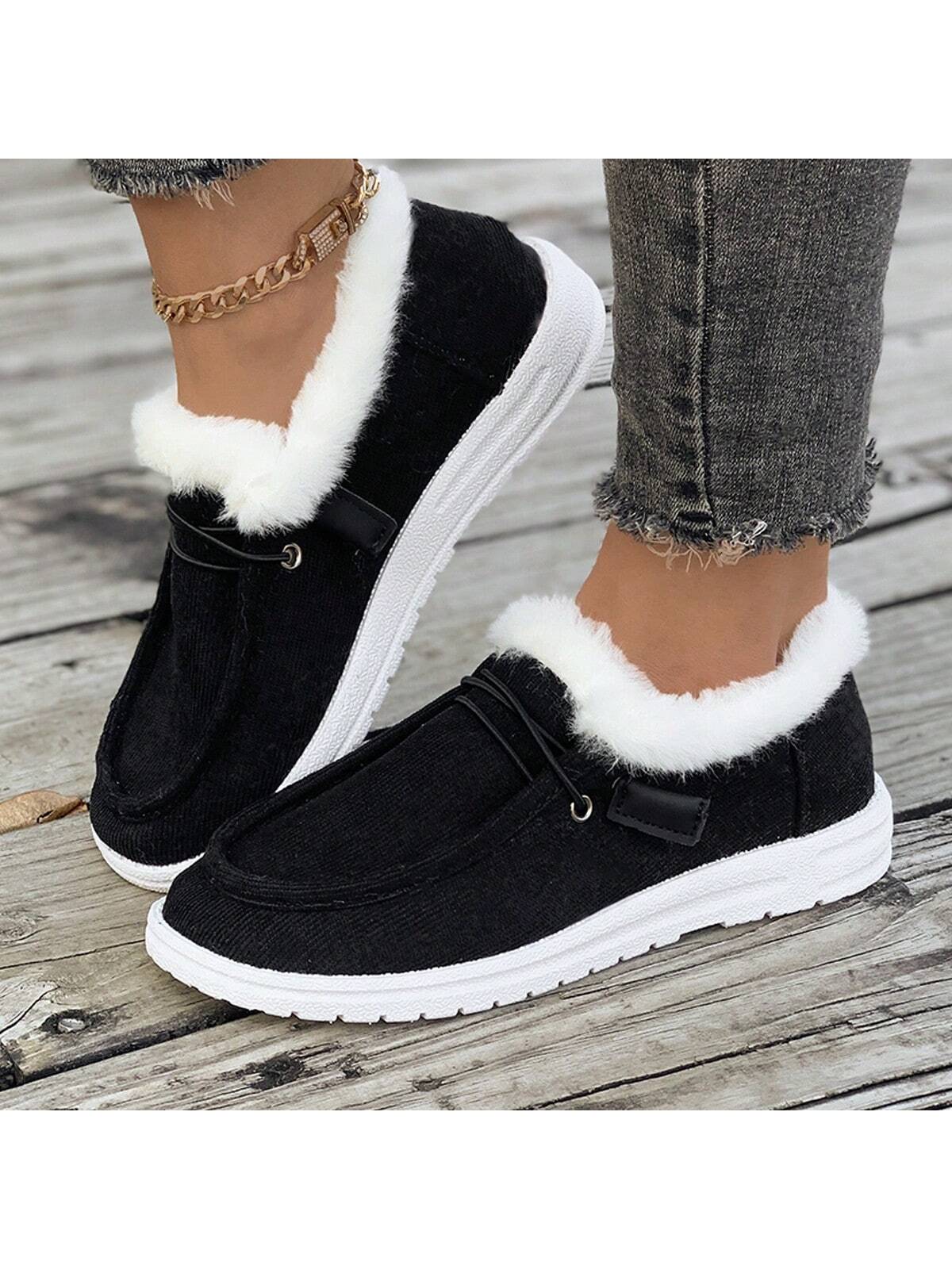 1 Pair Women Flat, Comfy, Non-Slip, Fluffy Lined Casual Sneakers, Versatile For Everyday Wear