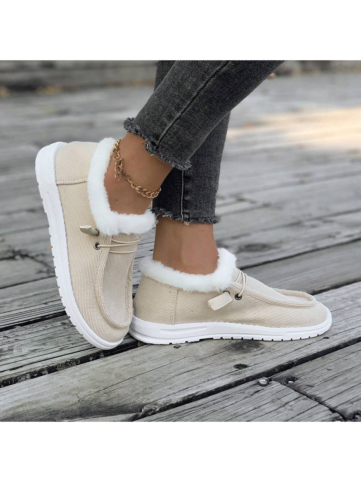 1 Pair Women Flat, Comfy, Non-Slip, Fluffy Lined Casual Sneakers, Versatile For Everyday Wear