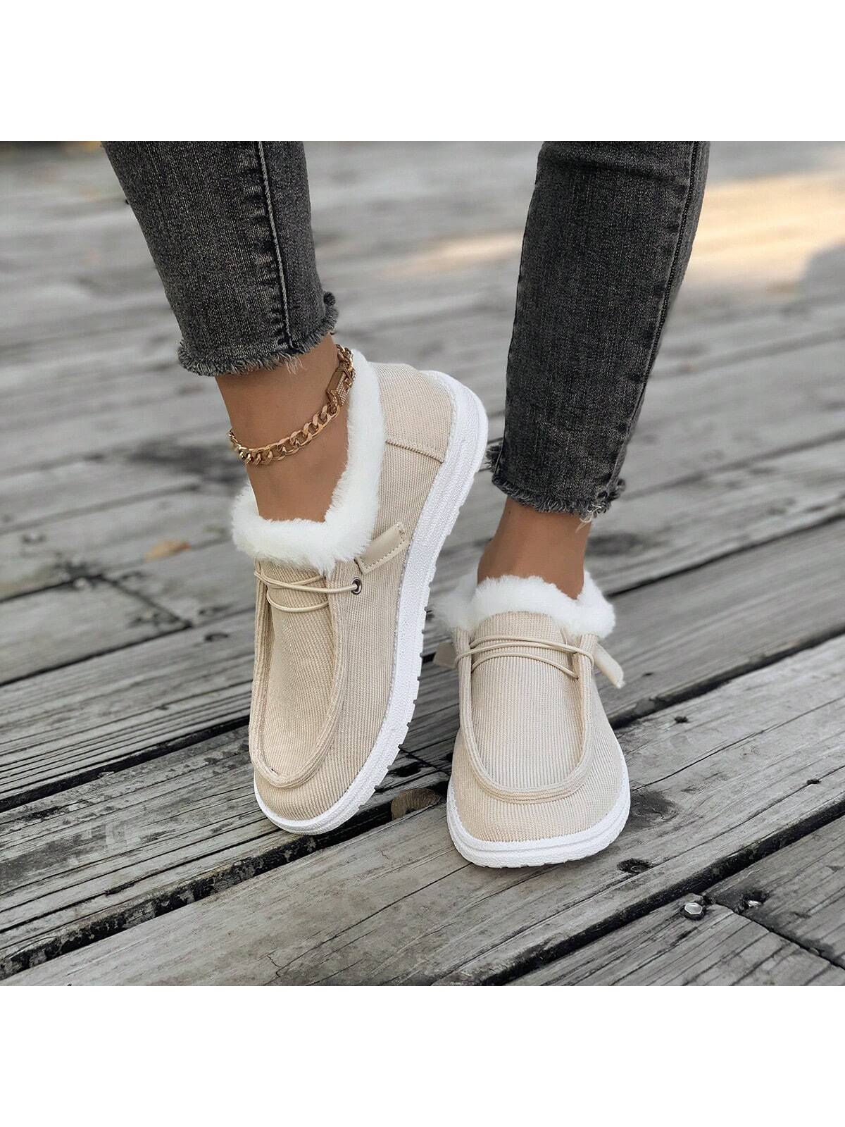 1 Pair Women Flat, Comfy, Non-Slip, Fluffy Lined Casual Sneakers, Versatile For Everyday Wear