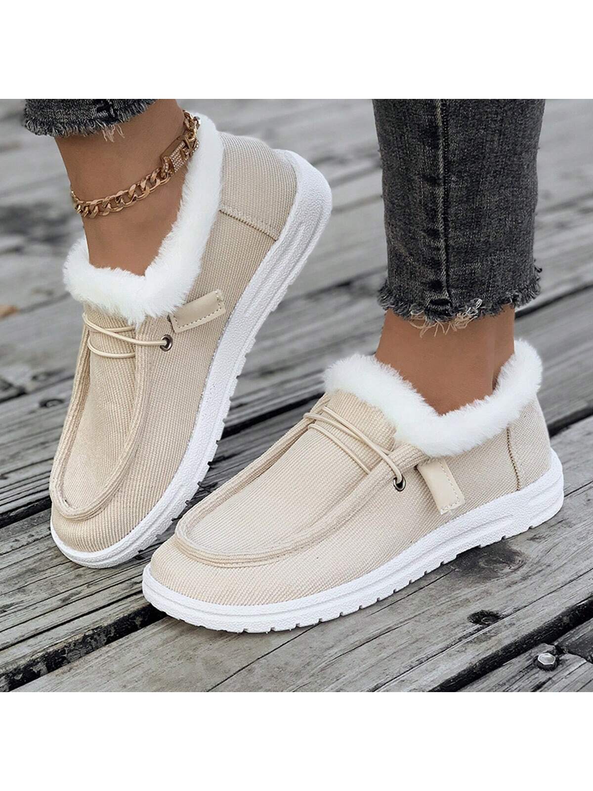 1 Pair Women Flat, Comfy, Non-Slip, Fluffy Lined Casual Sneakers, Versatile For Everyday Wear