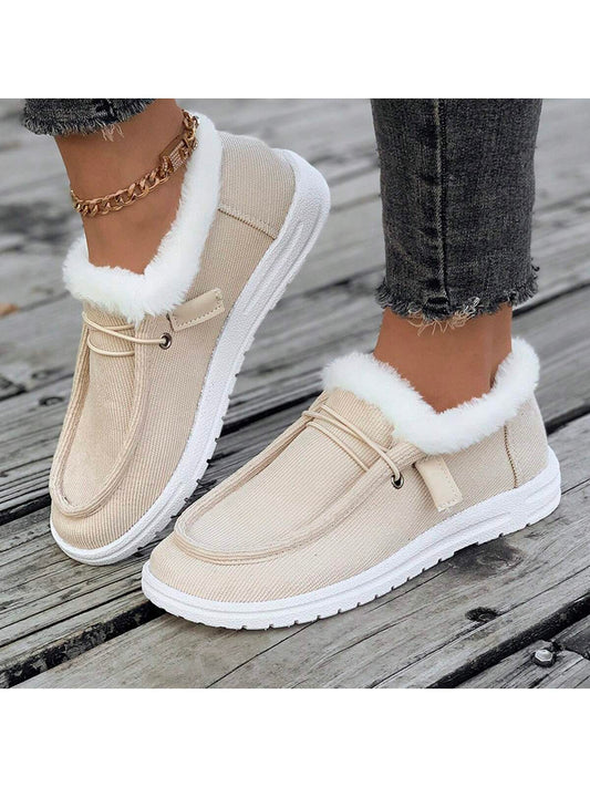1 Pair Women Flat, Comfy, Non-Slip, Fluffy Lined Casual Sneakers, Versatile For Everyday Wear