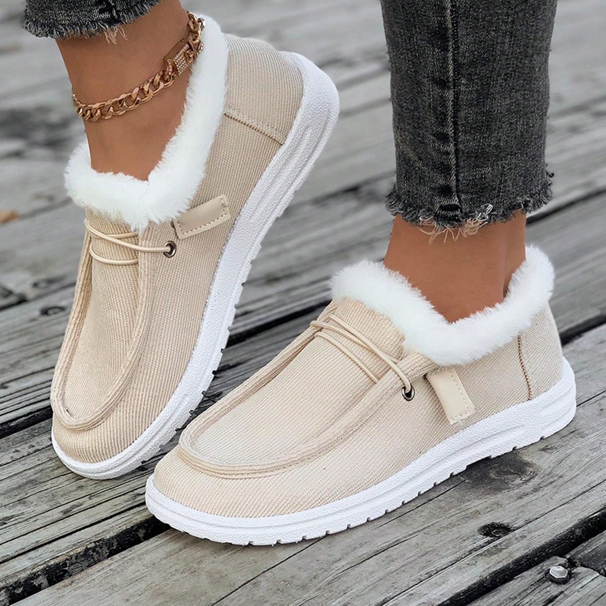 1 Pair Women Flat, Comfy, Non-Slip, Fluffy Lined Casual Sneakers, Versatile For Everyday Wear