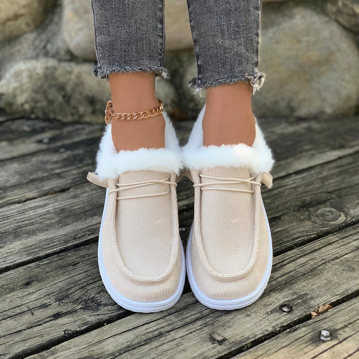 1 Pair Women Flat, Comfy, Non-Slip, Fluffy Lined Casual Sneakers, Versatile For Everyday Wear