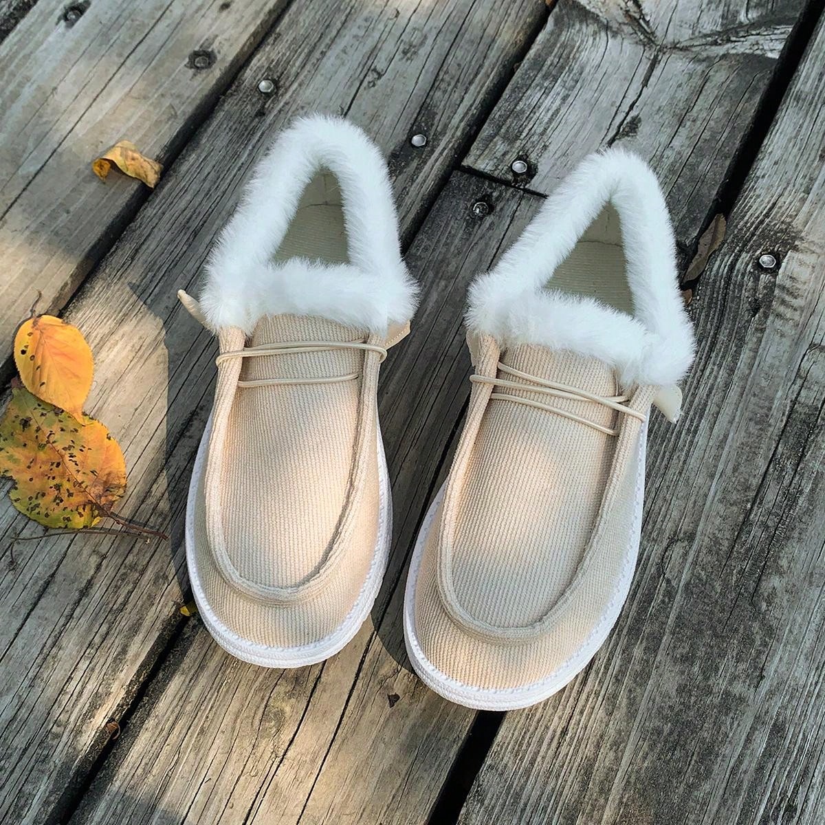 1 Pair Women Flat, Comfy, Non-Slip, Fluffy Lined Casual Sneakers, Versatile For Everyday Wear