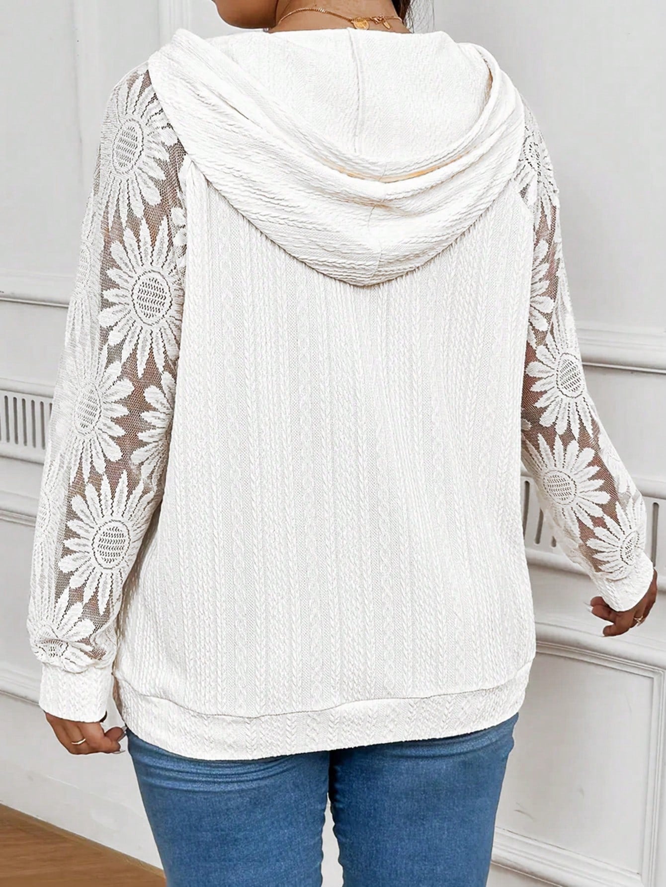Plus Size Women White Hooded Lace Sweatshirt, Autumn