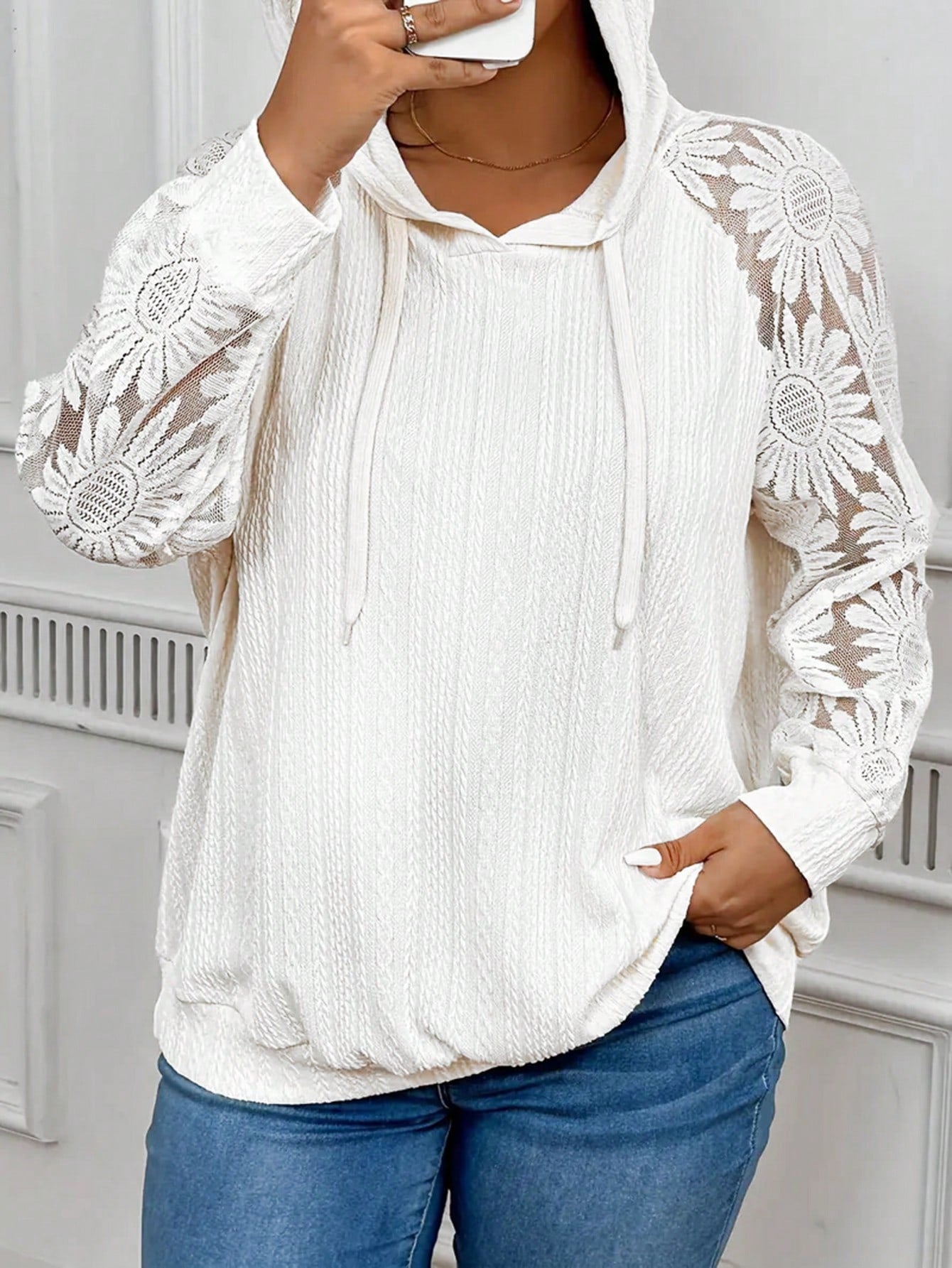 Plus Size Women White Hooded Lace Sweatshirt, Autumn