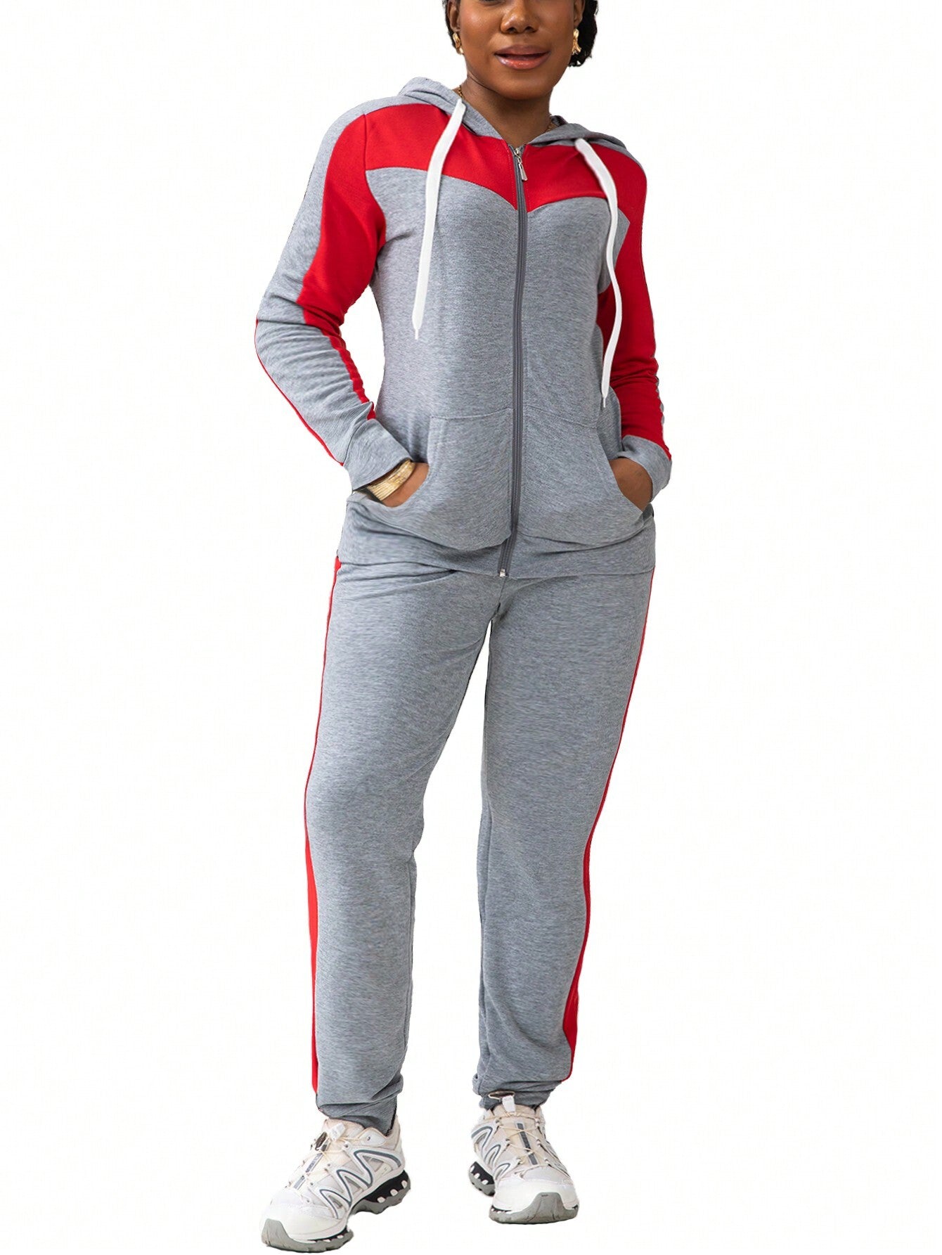 2pcs/Set Women Casual Color Block Hooded Zip-Up Sweatshirt And Pants Athletic Sportswear, Autumn