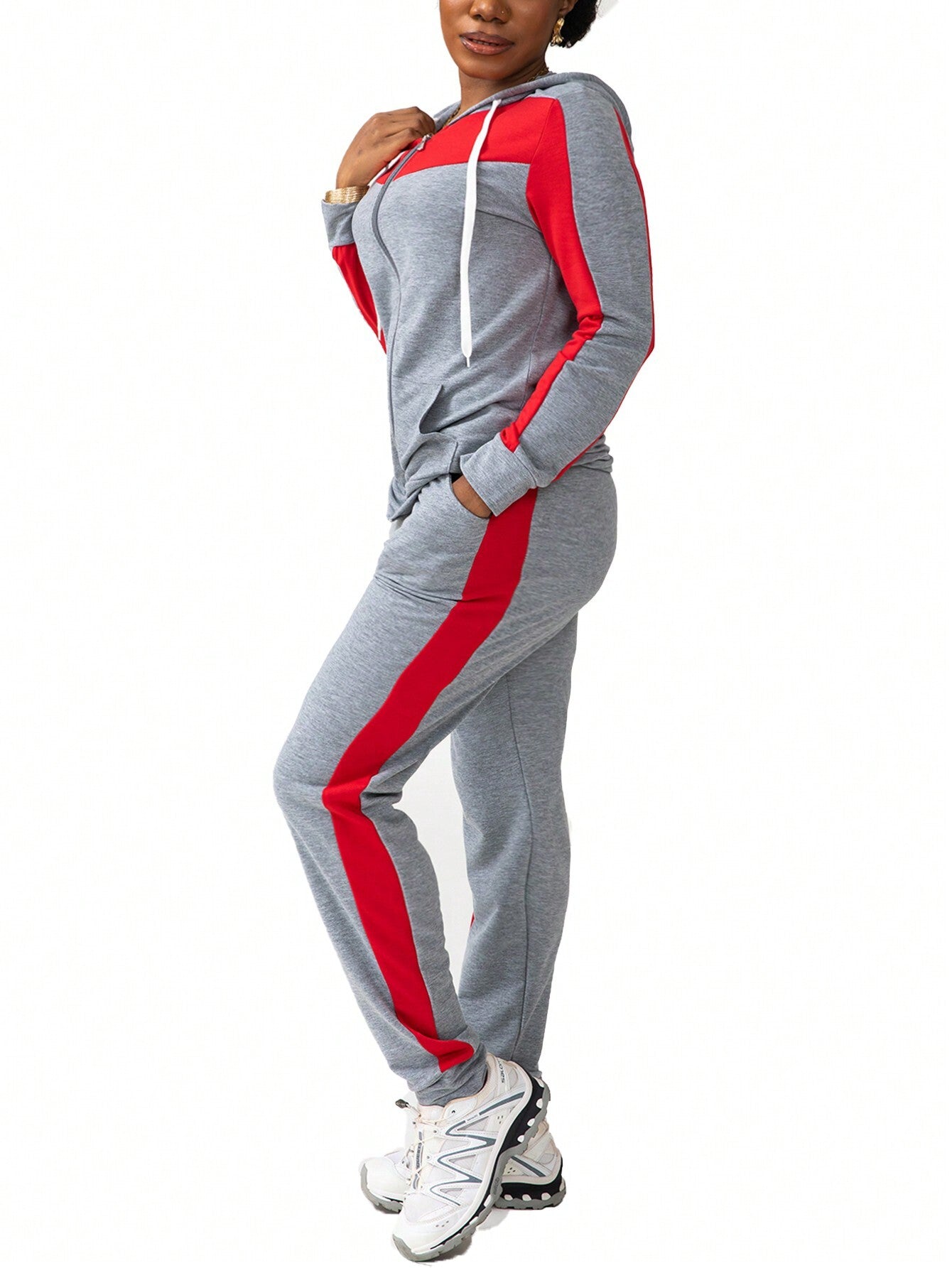2pcs/Set Women Casual Color Block Hooded Zip-Up Sweatshirt And Pants Athletic Sportswear, Autumn