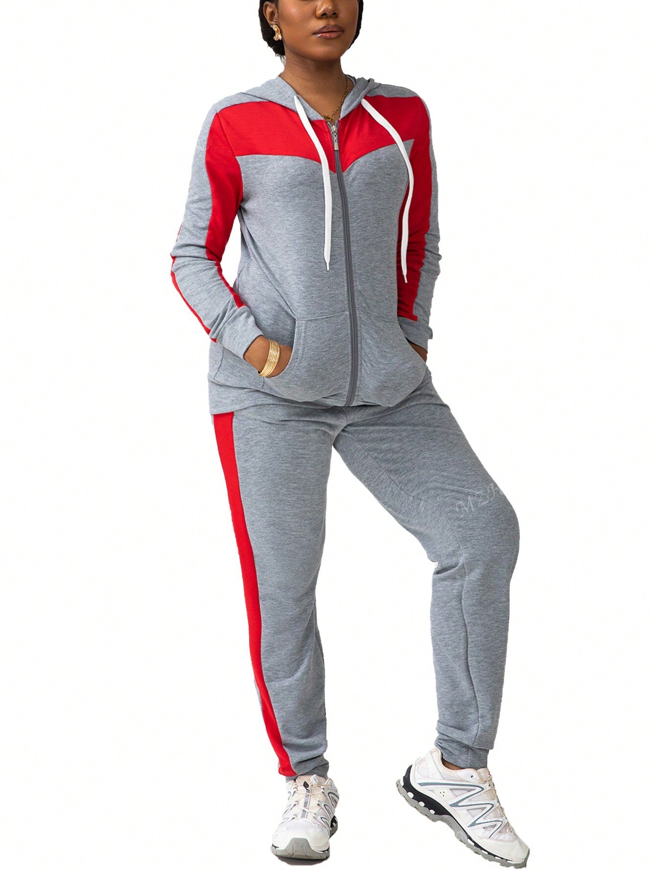 2pcs/Set Women Casual Color Block Hooded Zip-Up Sweatshirt And Pants Athletic Sportswear, Autumn