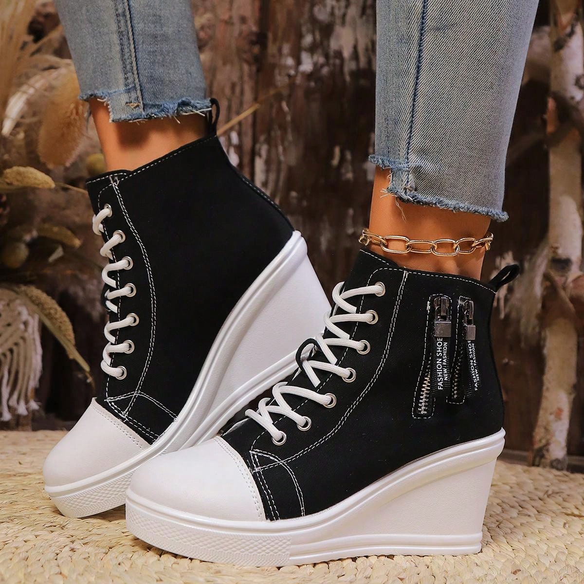 Canvas Platform Shoes, Women Casual Thick Sole Wedge Sneakers