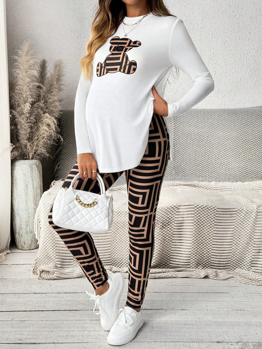 Maternity Women Casual 2pcs Women's Casual Bear Print Side Slit Long Sleeve Top & Geometric Print Leggings Set Fall Sets, Fall Women Clothes