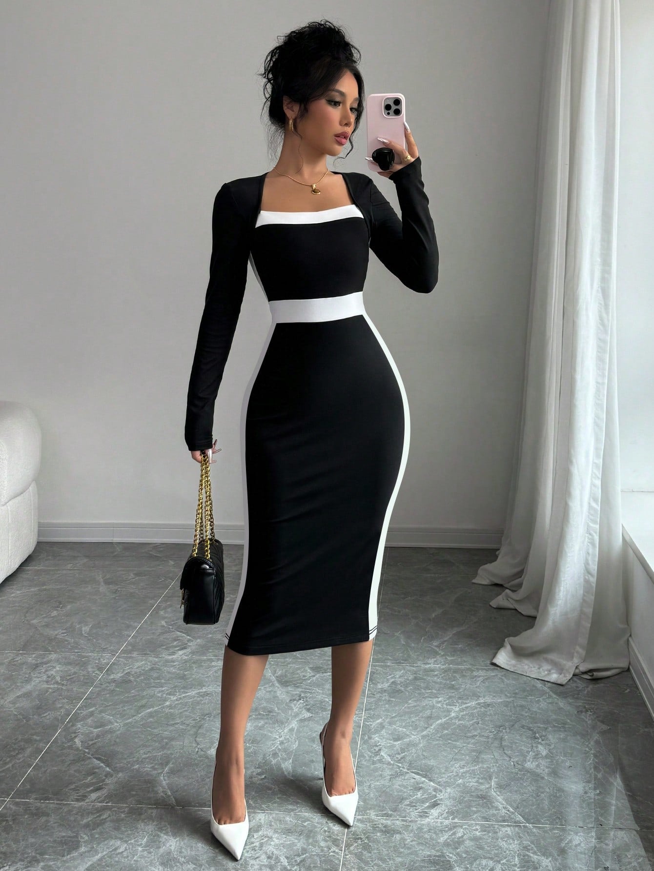Elenzga Square Neck Color Block Figure Hugging Sexy Women Dress Maxi Women Outfit