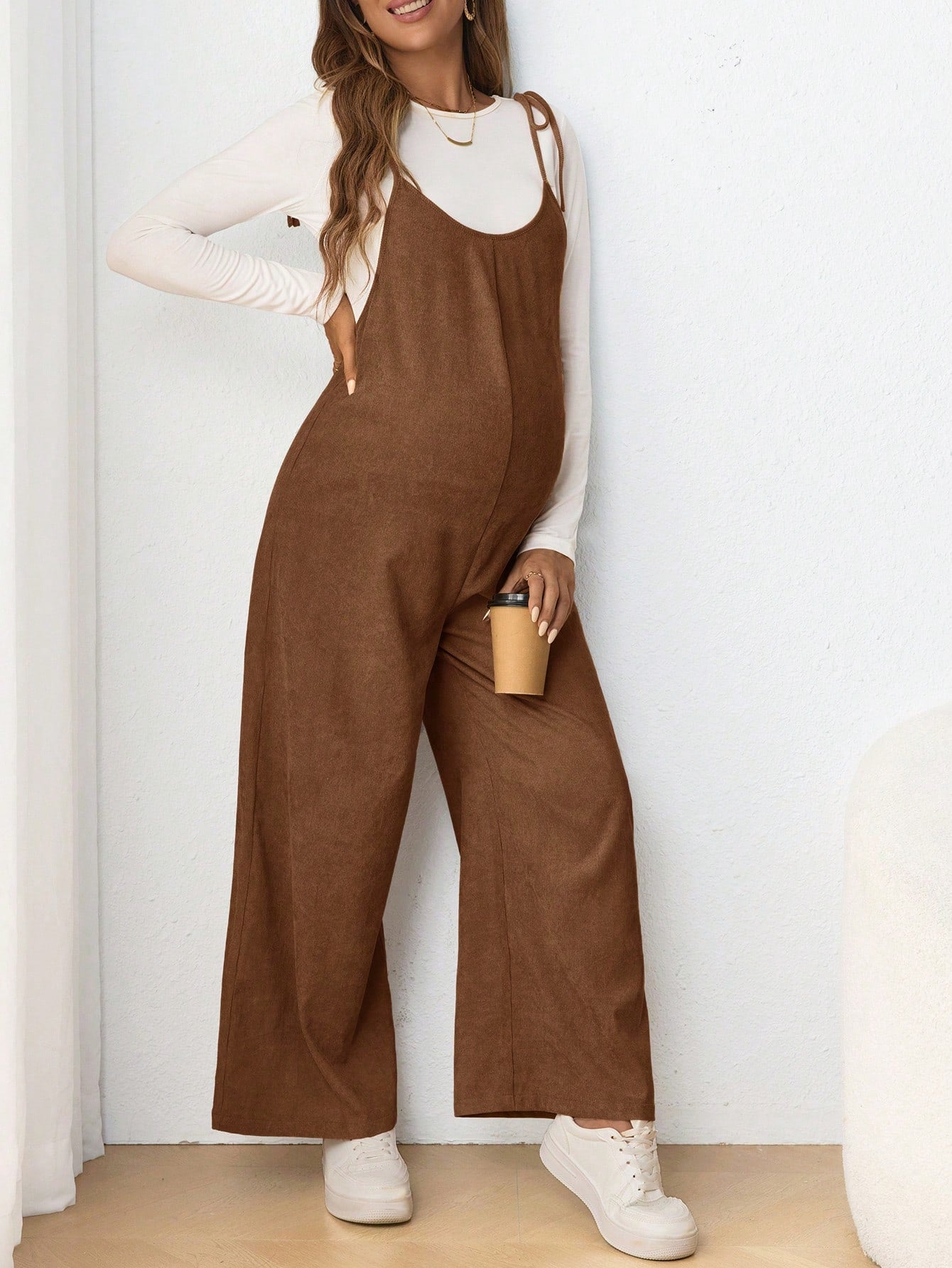 Maternity Casual Sling Bow Tie Jumpsuit, Form Fitting Pregnancy Clothing