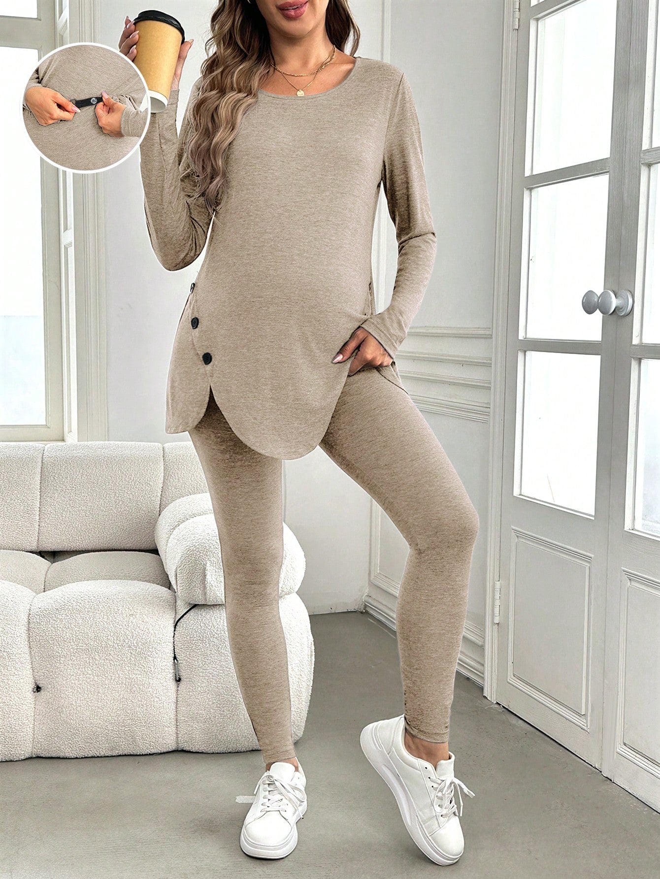 Maternity Button Decor Curved Hem Long Sleeve Top And Leggings 2Pcs Outfit Set, Outfit Set, Autumn