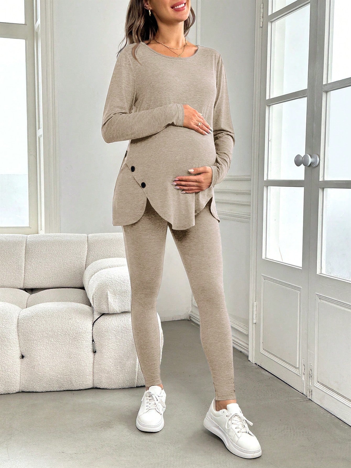 Maternity Button Decor Curved Hem Long Sleeve Top And Leggings 2Pcs Outfit Set, Outfit Set, Autumn